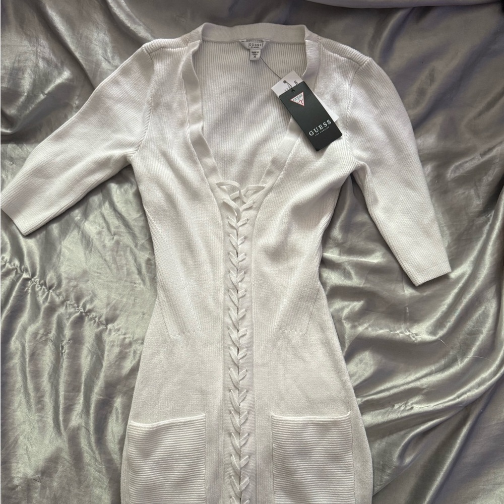 Guess Cream Bodycon Dress 3/4 Sleeve Plunge